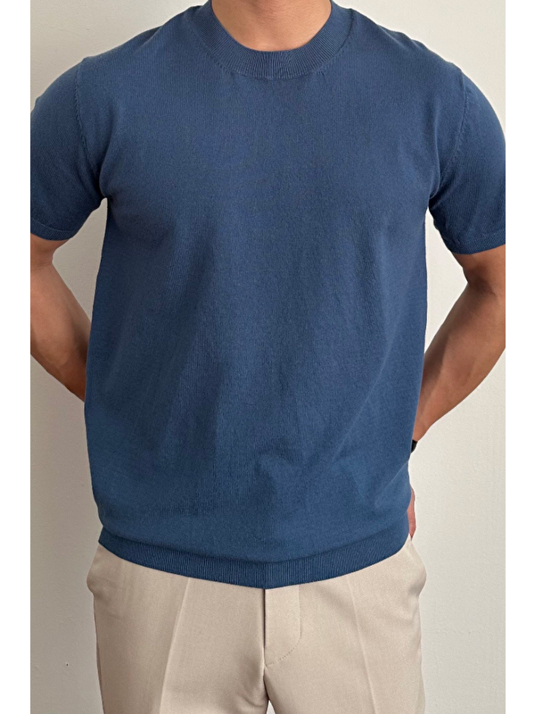 Tarz Cool Erkek Saks Slim Fit Bisiklet Yaka Triko Tişört
