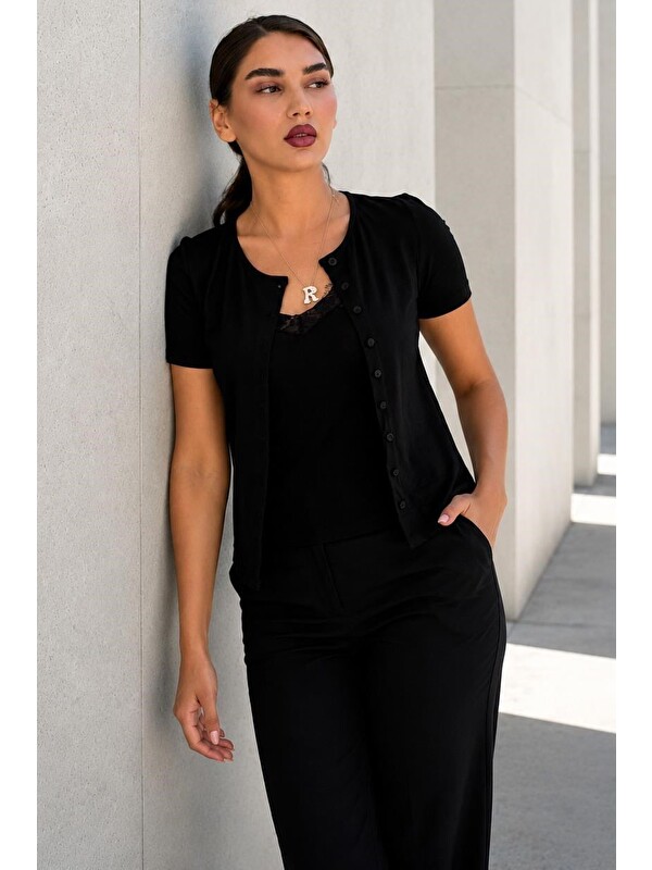 Madmext Siyah Dantel Detaylı Slim Fit Kısa Kol Kadın Hırka Mg2710
