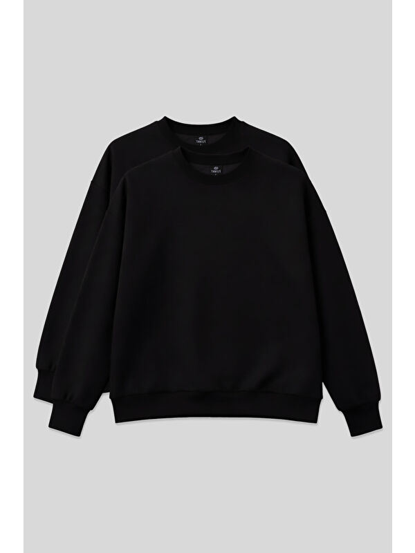 Tommylife Basic Oversıze O Yaka 2li Paket Siyah Kadın Sweatshirt - 97053