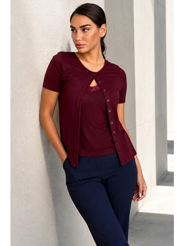 Madmext Bordo Dantel Detaylı Slim Fit Kısa Kol Kadın Hırka Mg2710