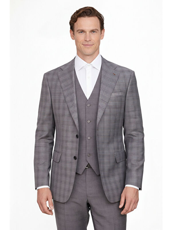 Sabri Özel Gri-Kahve Combined Vest Takım Elbise-5267