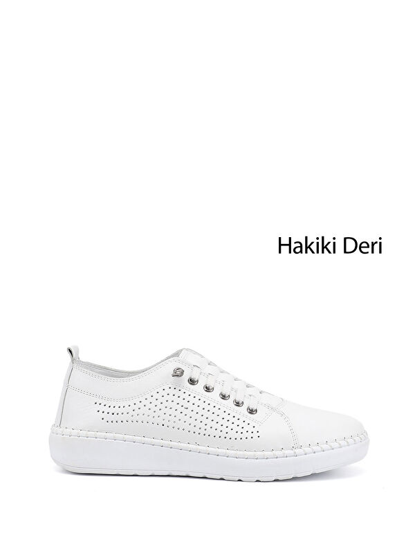 GÖNDERİ(R) Kadın CANLI BEYAZ Bağcıklı Hakiki Deri Comfort Ayakkabı
