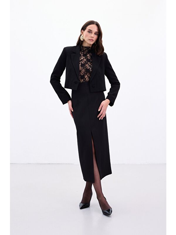 SATEEN Yırtmaçlı Midi Etek - Siyah