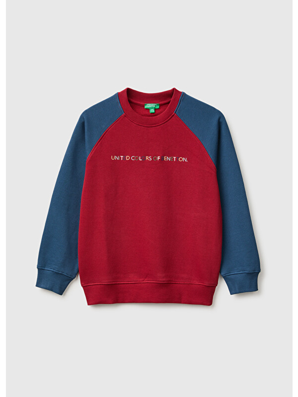 United Colors Of Benetton Erkek Çocuk Kırmızı Önü İşlemeli Ribanalı Reglan Kollu Bisiklet Yaka Sweatshirt