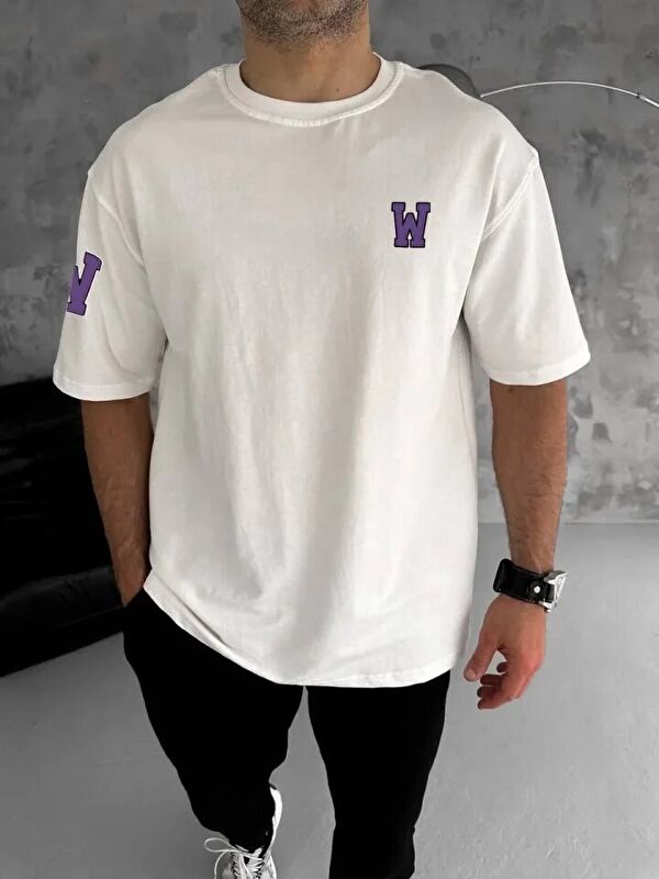 Jane's Unisex Bisiklet Yaka Baskılı Oversize T-Shirt - Beyaz