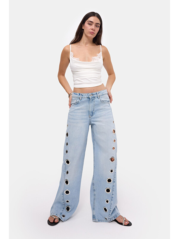 It's Basic Kadın Ice 4s6-3 Palazzo Fit Kuş Gözü Detaylı Tasarım Denim Jean