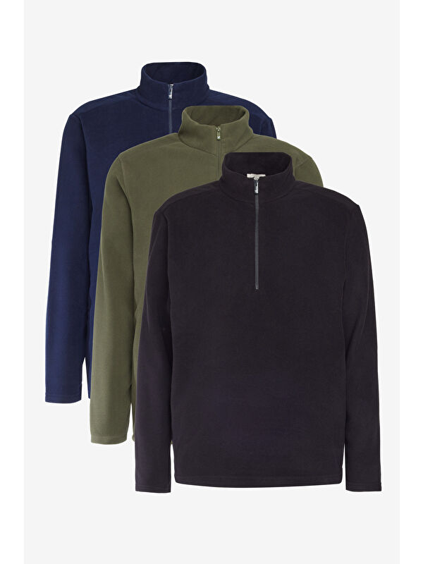 AC&Co / Altınyıldız Classics Erkek SIYAH-HAKI-LACI 3'lü Paket Standart Fit Bato Yaka Soğuk Geçirmez Sweatshirt Polar