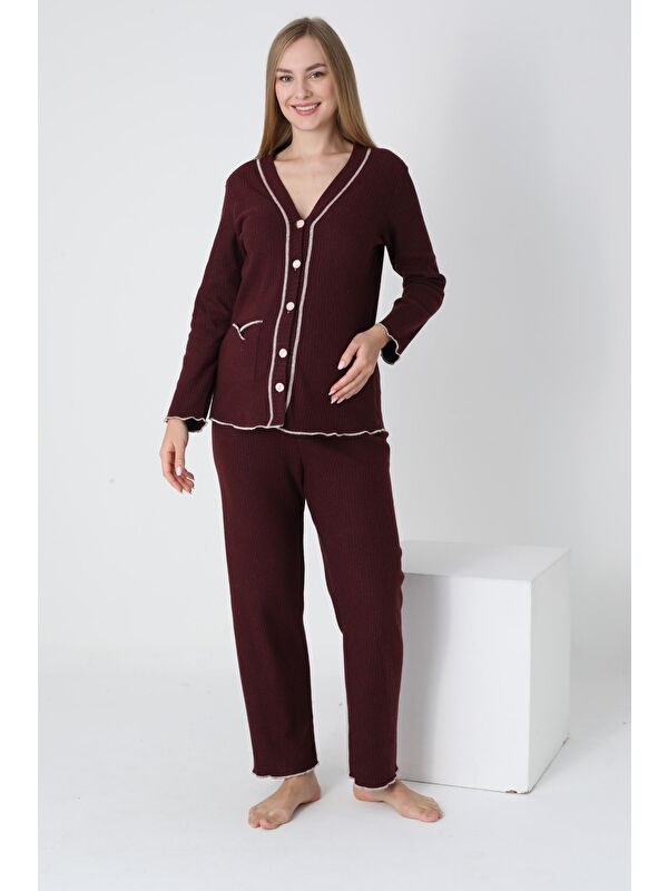 MİSS DÜNYA LİSSA Bordo Önden Düğmeli Ayarlanabilir Bel Kol ve Paça Fırfır Detaylı Hamile Pijama Takımı