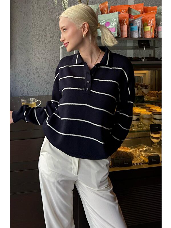 Madmext Lacivert Çizgili Polo Yaka Kadın Triko Kazak Mg2470