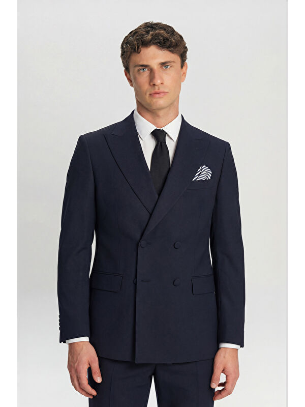Sabri Özel Giotelli Erkek Lacivert Slim Fit Sivri Yaka Kruvaze 6 Drop Klasik Smokin & Damatlık