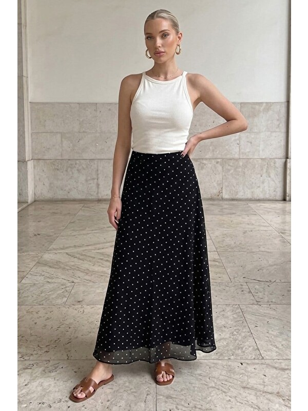 Madmext Siyah Minimal Puantiye Desen Şifon Astarlı Etek Mg2821