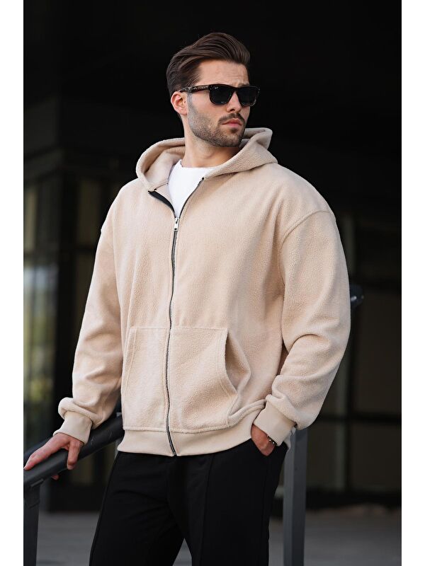 Madmext Bej Kapüşonlu Erkek Polar Fermuarlı Sweatshirt Hırka Hırka E7168