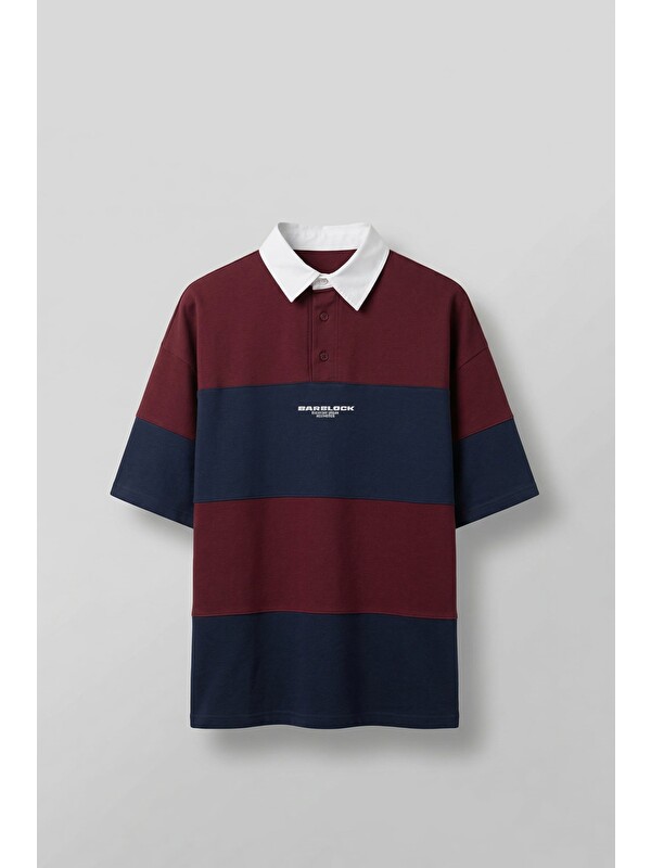 Abluka Online Erkek Oversize Renk Bloklu Polo Yaka Tişört Bordo