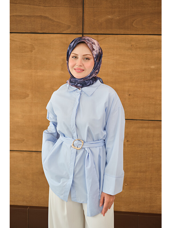 Locco Moda Kadın Toka Detaylı Uzun Kuşaklı Gömlek Bebe Mavi