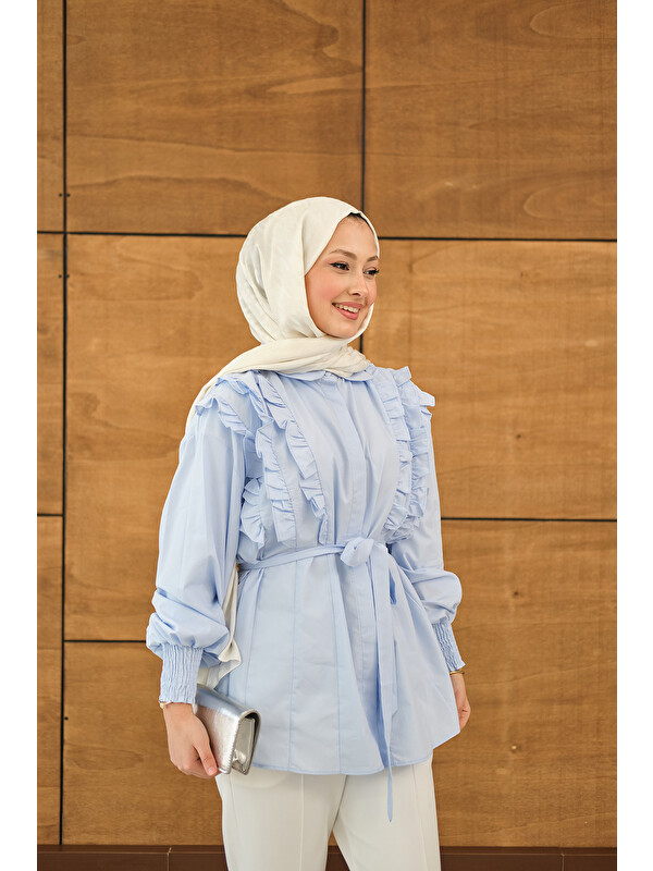 Locco Moda Kadın Fırfır Detaylı Gömlek Bebe Mavi