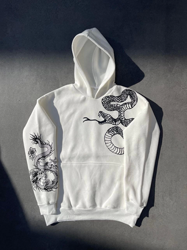 Jane's Uzun Kol Kapüşonlu Baskılı SweatShirt - Beyaz