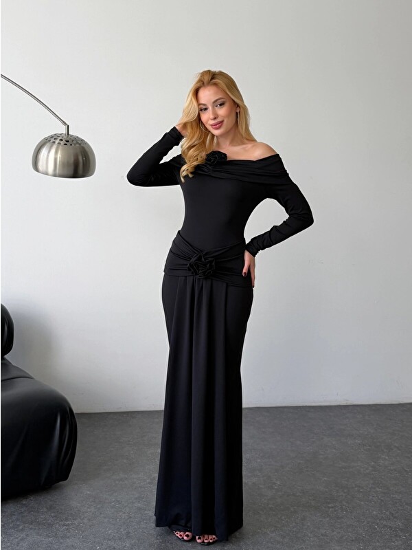 carla10 Elastanlı Modal Kumaş Çiçek Aksesuarlı Maxi Boy Elbise