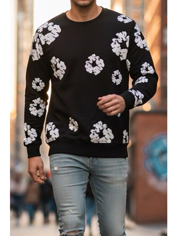 Oksit Karly İki İplik Çiçek Baskılı Bisiklet Yaka Slim Fit Unisex Sweatshirt