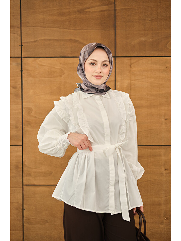 Locco Moda Kadın Fırfır Detaylı Gömlek Beyaz