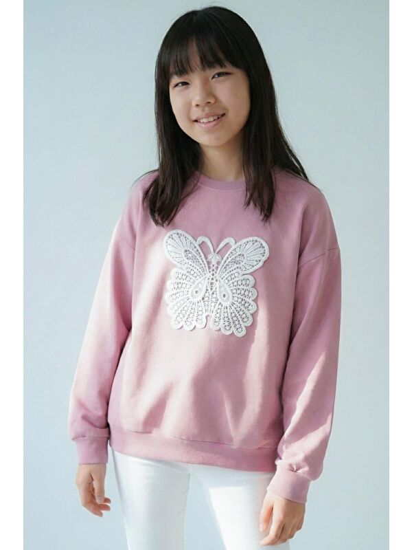 Breeze Kız Çocuk Sweatshirt Kelebek Aplike Nakışlı Gülkurusu (8-12 Yaş)