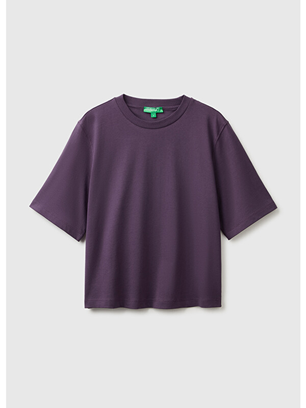 United Colors Of Benetton Kadın Koyu Mor %100 Pamuk Boxy Fit T-Shirt