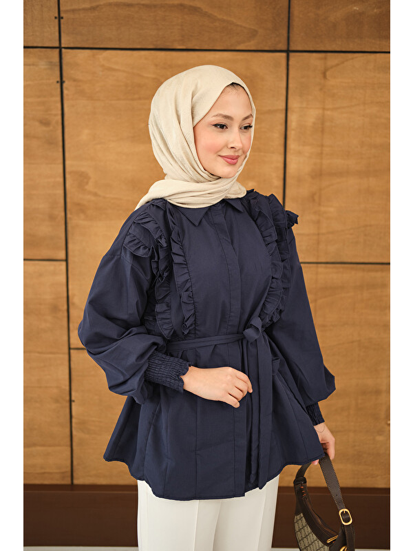 Locco Moda Kadın Fırfır Detaylı Gömlek Lacivert