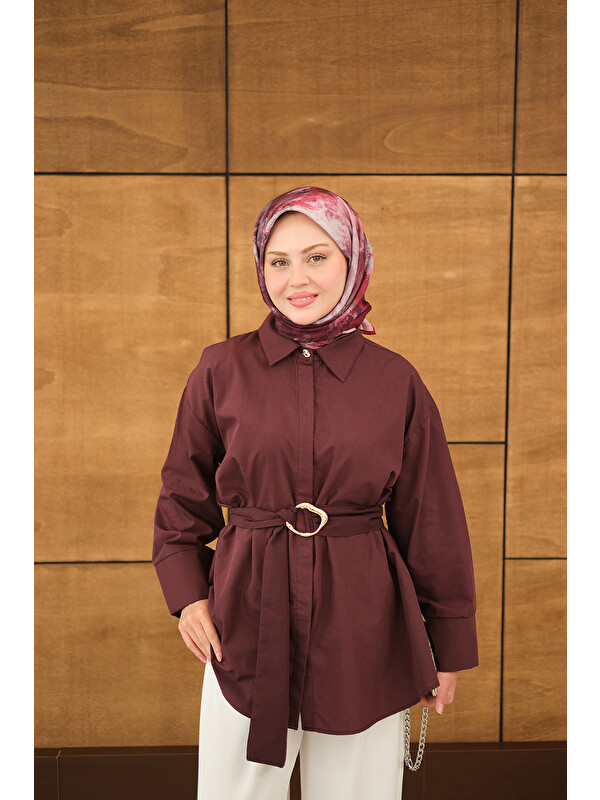 Locco Moda Kadın Toka Detaylı Uzun Kuşaklı Gömlek Mürdüm