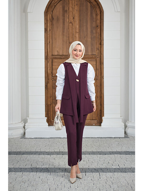 Locco Moda Kadın Gold Düğme Detaylı Yelekli Takım Mürdüm