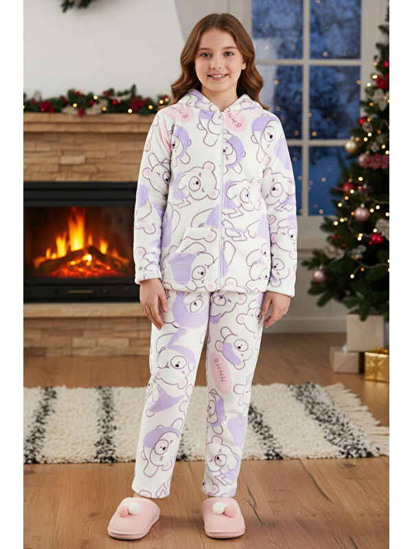 Remsa Kız Çocuk Kadife Polar Ayıcık Desen Pijama Takımı 240525 Ekru02