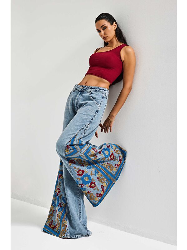 It's Basic Kadın Jean Rengi 4s6-32 Palazzo Fit Özel Desen Nakışlı Tasarım Denim Jean