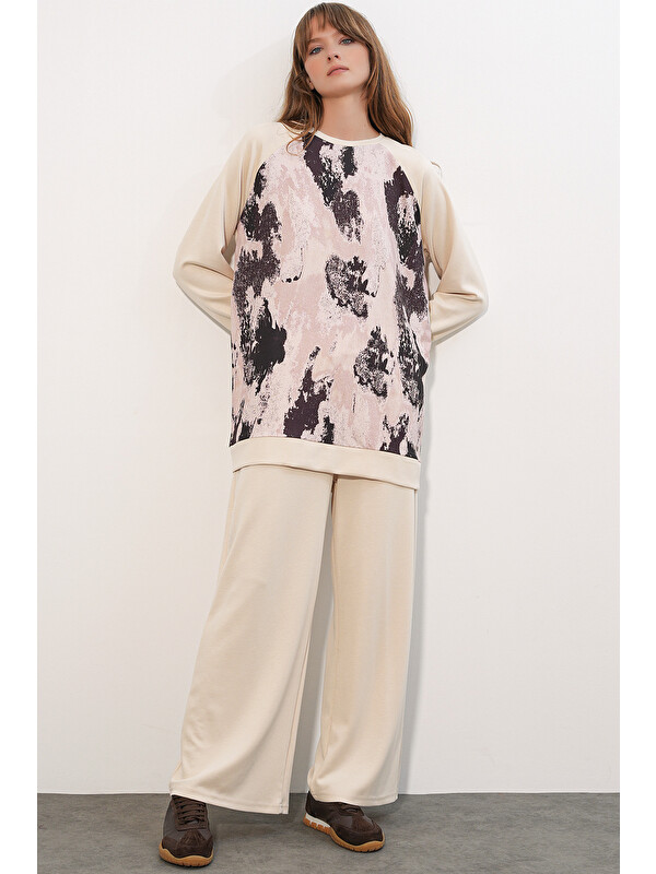 Bigdart Kadın Desenli Oversize Tunik Pantolon İkili Takım 55462 - Krem