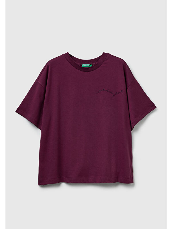 United Colors Of Benetton Kadın Mürdüm %100 Pamuk Göğsü Yazı Baskılı Bisiklet Yaka T-Shirt