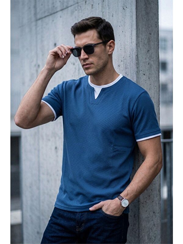 Oksit Prey Vaffle Dokulu Çift Yaka Görünümlü Slim Fit Erkek Tişört