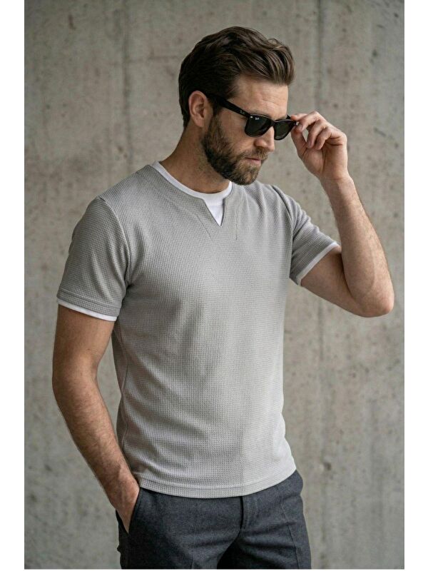 Oksit Prey Vaffle Dokulu Çift Yaka Görünümlü Slim Fit Erkek Tişört