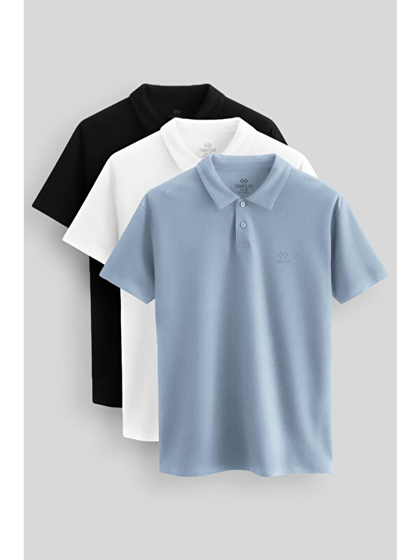 Tommylife Standart Fit Basic Polo Yaka 3'lü Paket Siyah-Beyaz-Buz Mavi Erkek Tişört 87748