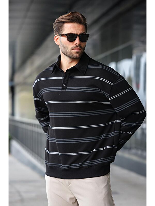 Madmext Siyah Çizgili Polo Yaka Erkek Sweatshirt E7172