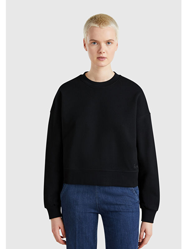 United Colors Of Benetton Kadın Siyah %100 Pamuk Ribana Detaylı Bisiklet Yaka Sweatshirt