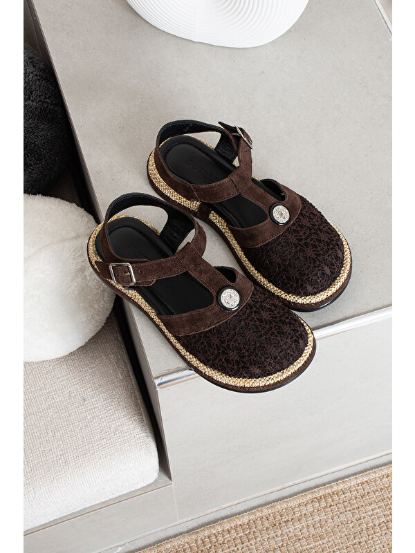 DUXAL SHOES Betty Kadın Hakiki Deri Dantel Detaylı Taş Tokalı Sandalet Babet