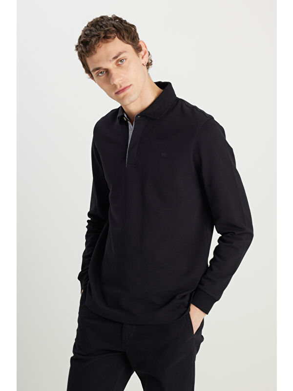 Wrangler Regular Fit Uzun Kollu Pamuklu Siyah Polo Yaka Tişört