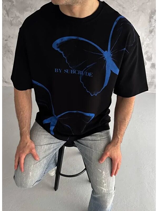 Jane's Unisex Bisiklet Yaka Baskılı Oversize T-Shirt - Siyah