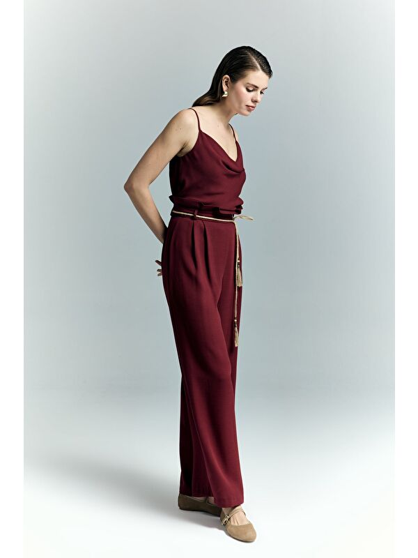 SATEEN Kemer Detaylı Pantolon - Bordo