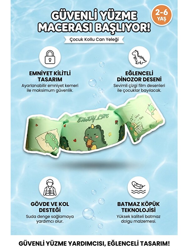 Oglo Bebek Kolluk Can Yeleği Seti Dino Desenli Göğüs Destekli Süngerli Güvenli Yüzme Yardımcısı Yeşil