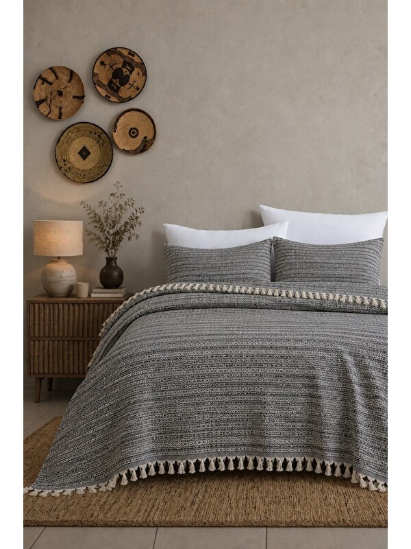 Mulberry King Size Dokuma Pike Takımı 240x260 cm 2 Yastık Kılıflı Saçak Detaylı Örtü Seti