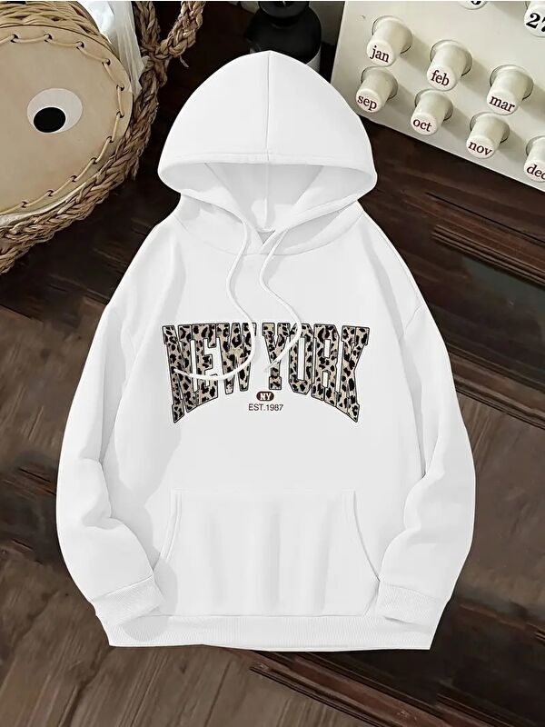 carla10 Leopar Detay New York Baskılı Oversize 3 İplik Kapüşonlu Sweat