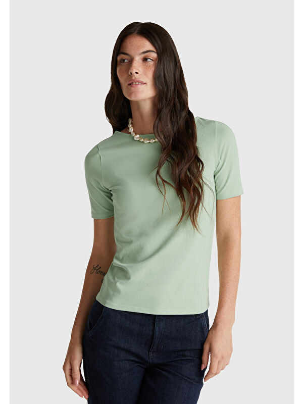 United Colors Of Benetton Kadın Mint Yeşili Pamuk Karışımlı Örme Slim Fit Geniş Yaka T-Shirt