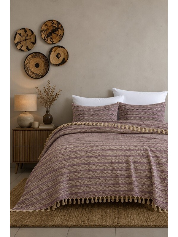 Mulberry King Size Dokuma Pike Takımı 240x260 cm 2 Yastık Kılıflı Saçak Detaylı Örtü Seti