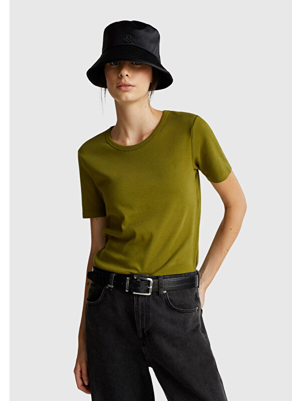 United Colors Of Benetton Kadın Haki Yeşili %100 Pamuk Basic Kısa Kollu Bisiklet Yaka T-Shirt