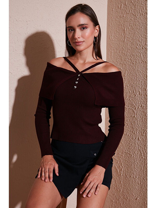 Lela Premium Fitted Fit Carmen Yaka İp Askı Detaylı Triko Kazak 680KZ00076