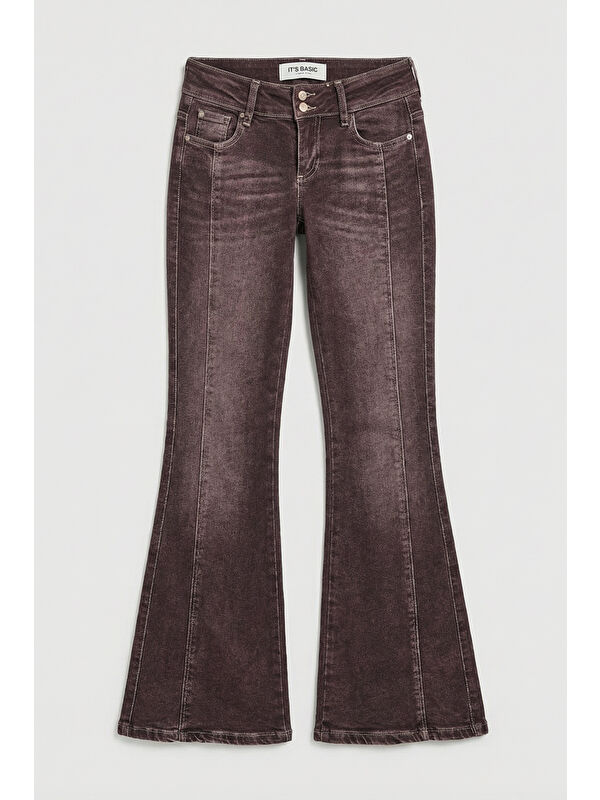 It's Basic Kadın Jean Kahve 4s6-16 SWL Mid Rise Flare Fit Kemer Detaylı Esnek Kumaş Denim Jean