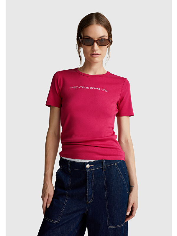 United Colors Of Benetton Kadın Fuşya %100 Pamuk Benetton Yazılı Basic T-Shirt